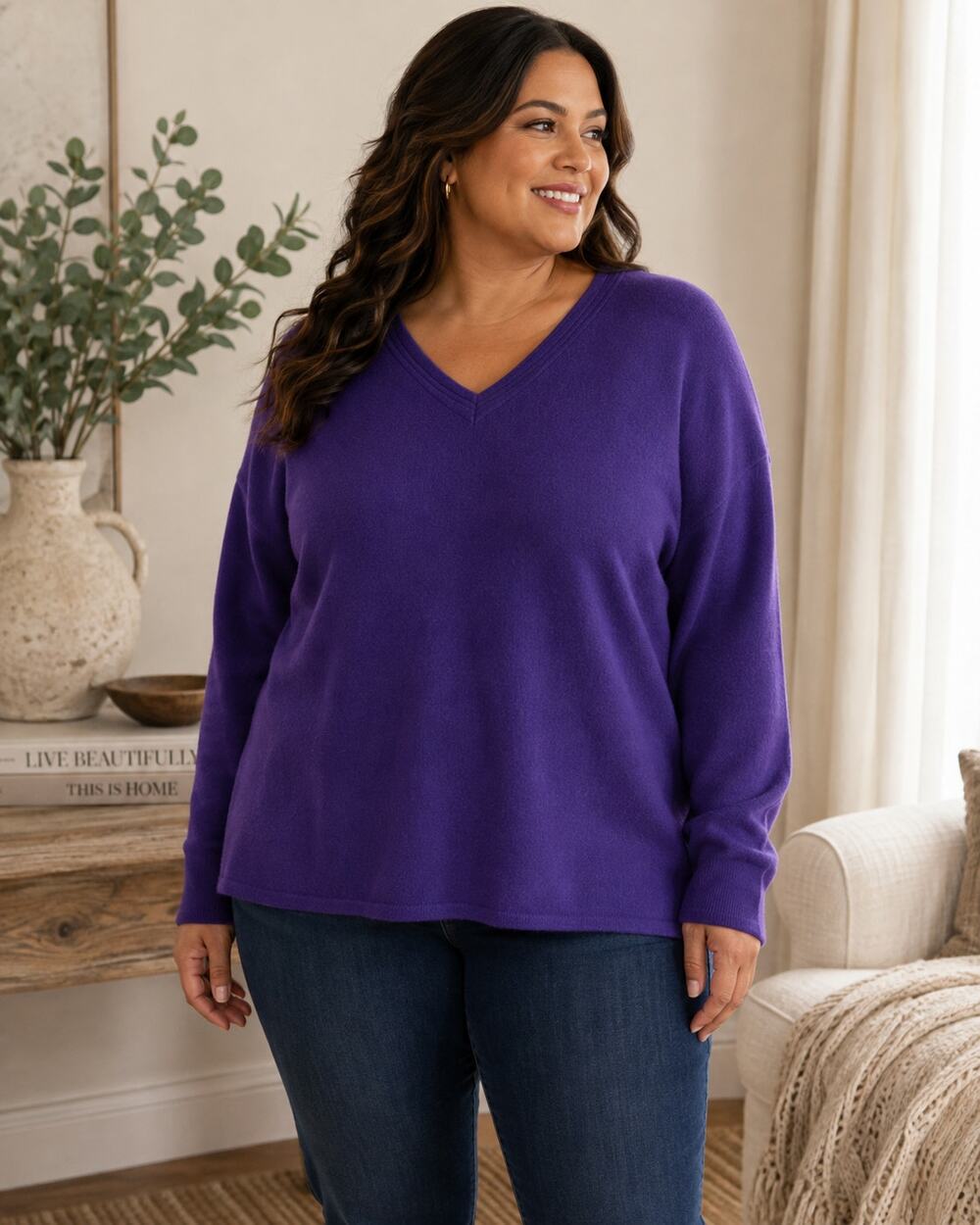 Jones New York Cashmere Sweater Womens 2X Purple V Neck Plus Size Luxury Knit